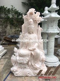 Tượng Bồ Tát Quán Thế Âm ngồi đá trắng hồng nguyên khối