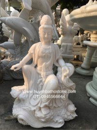 Tượng Phật Quan Âm Tự Tại đá trắng hồng nguyên khối