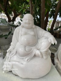 Tượng Phật Di Lặc đá trắng ngồi trên túi tiền tài lộc