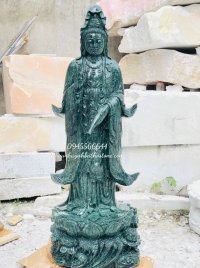Natural Serpentine Stone Kwan Yin Sculpture Sitting on Lotus Base