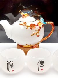 Bộ ấm trà Bạch ngọc hoạ tiết hoa đào và chim 3d.
