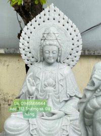 Tượng Phật Quan Âm ngồi đài sen có hào quang đá cẩm thạch trắng nguyên khối.